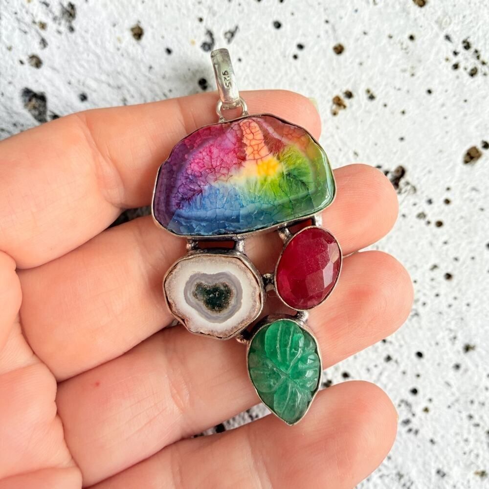 Rainbow Solar Quartz Ruby Agate 925 Silver Plated Pendant - Picture 2 of 8
